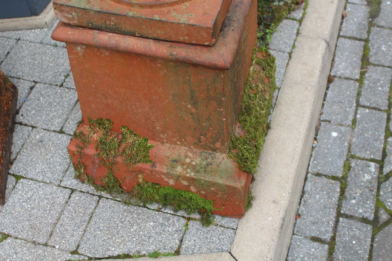 A terracotta fluted pedestal garden urn, raised on a square stepped base, overall height 123.5cm - Image 4 of 4