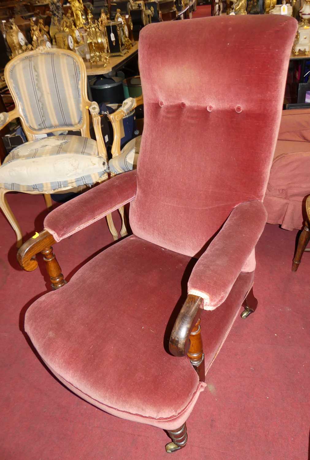 A Victorian rosewood framed and pink dralon upholstered open armchair; together with a Victorian tub - Image 3 of 4