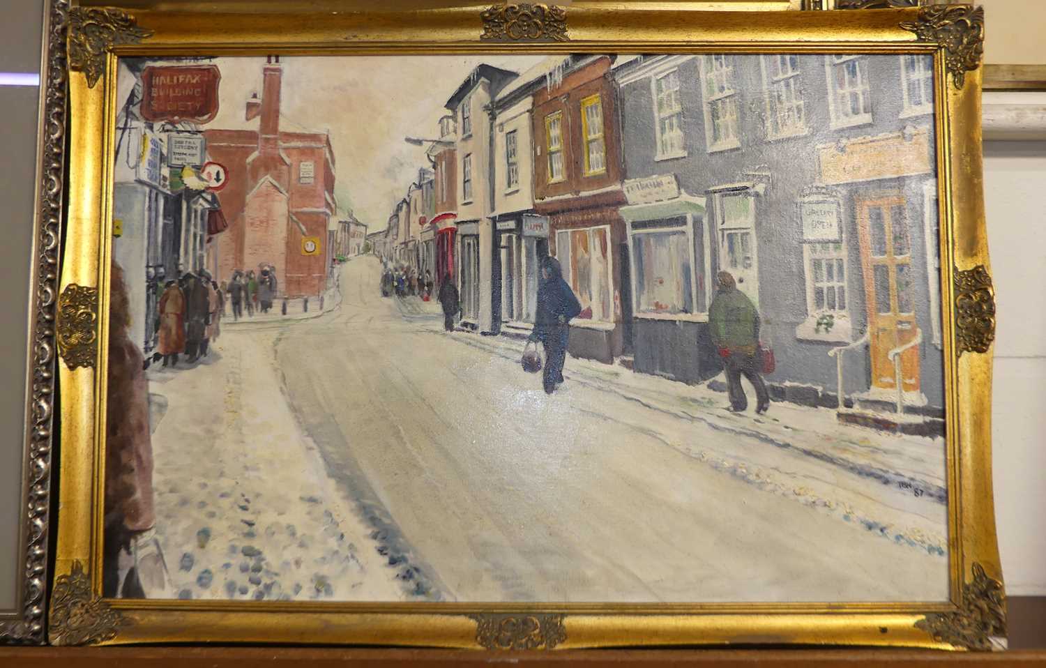 Tom Hibbert (1921-2010) - Manningtree High Street Winter '87, oil on canvas, signed with monogram