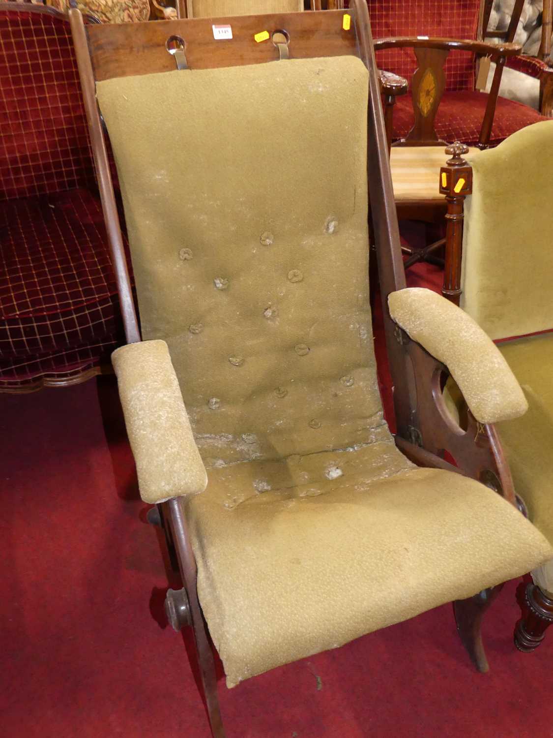 A circa 1900 mahogany campaign chair, with ratchet adjustable mechanism and fabric padded - Image 2 of 4