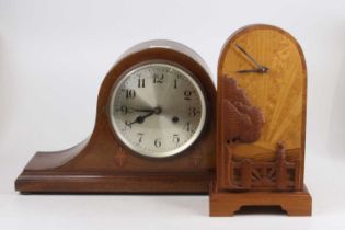 A George V mahogany and inlaid Napoleon's hat mantel clock, height 24cm, together with an Art Deco