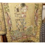 After Gustav Klimt, two machine woven wall hangings, each depicting 'The Kiss', the larger 134 x