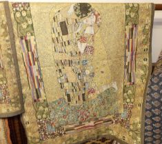 After Gustav Klimt, two machine woven wall hangings, each depicting 'The Kiss', the larger 134 x
