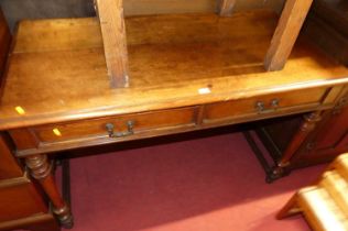 A Victorian walnut two drawer side table, raised on turned supports (lacking superstructure), w.