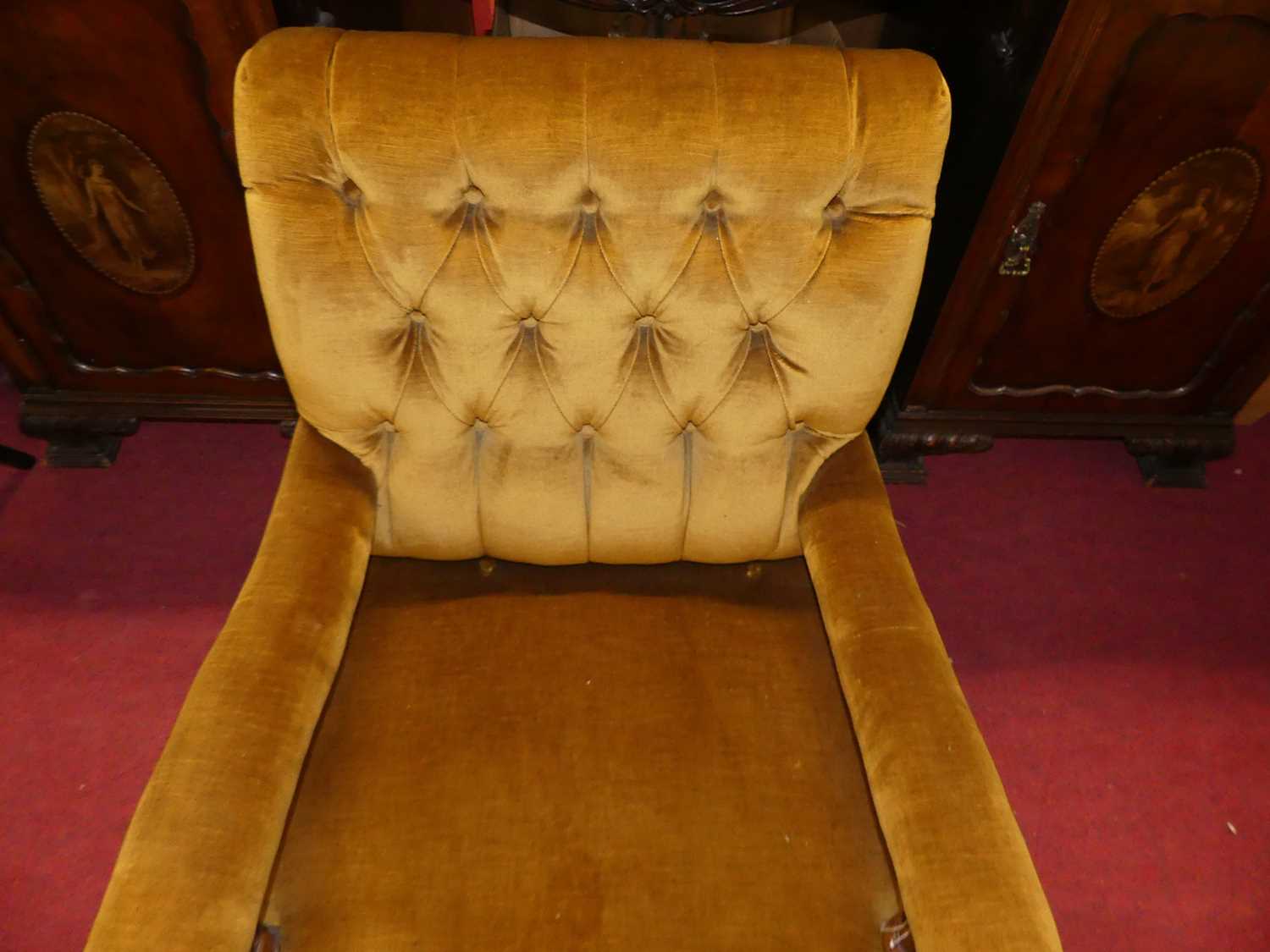 A mid-Victorian mahogany framed mustard buttoned dralon upholstered open armchair, raised on squat - Image 3 of 4
