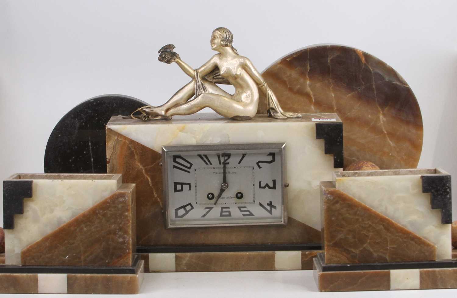 A French Art Deco marble three-piece garniture surmounted with female nude, height 32cm - Image 2 of 2