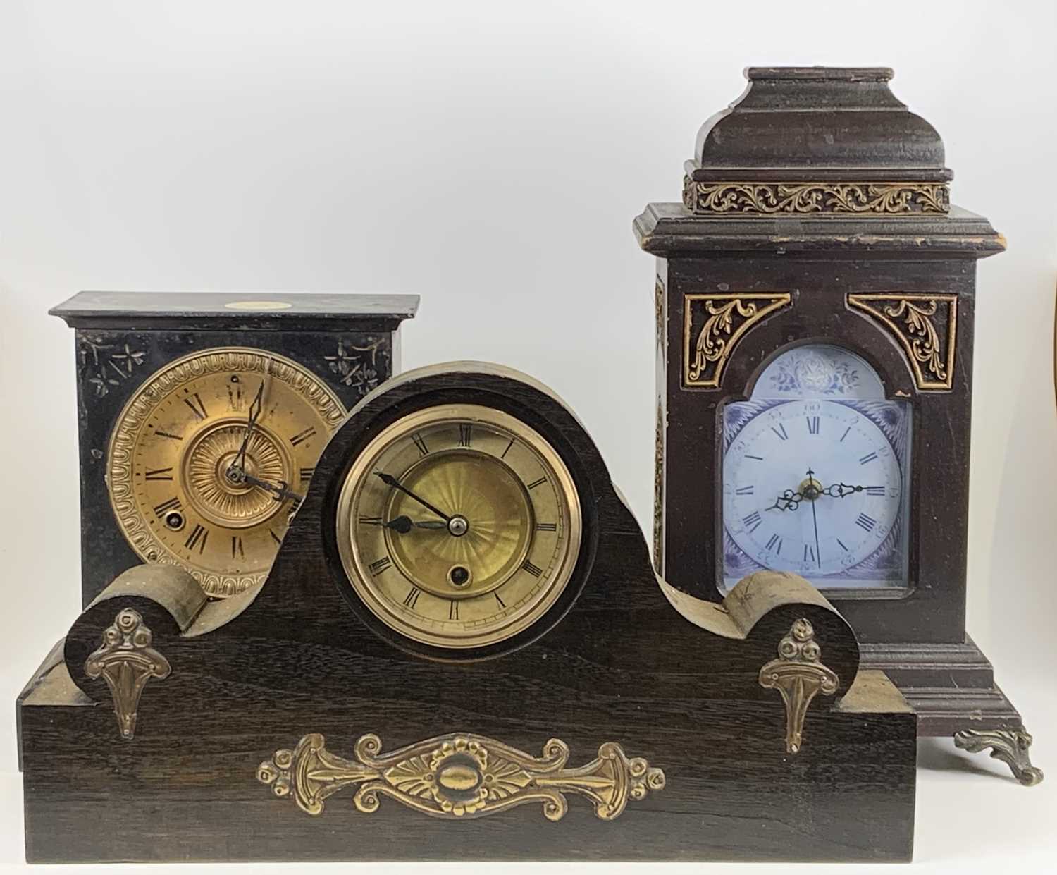 A late Victorian slate mantel clock having unsigned white enamel dial, height 21cm, together with - Image 2 of 2