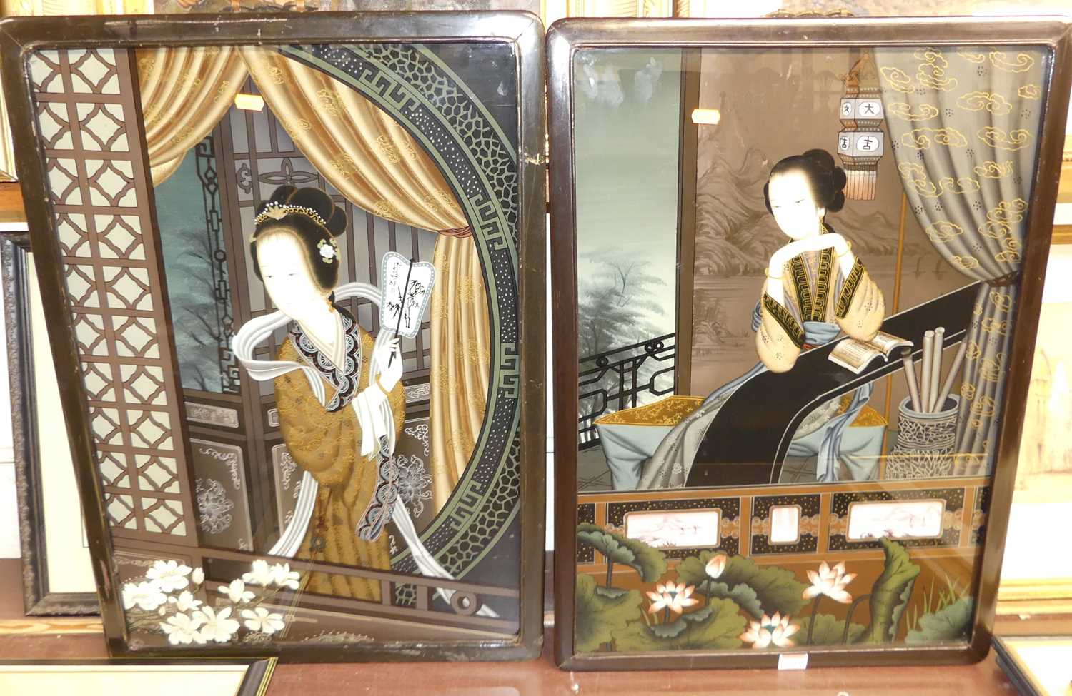 A pair of Japanese reverse paintings on glass, in gouache, 20th century, 65 x 44cm