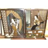 A pair of Japanese reverse paintings on glass, in gouache, 20th century, 65 x 44cm