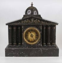 A late Victorian polished slate mantel clock, of architectural outline, having gilt brass dial and