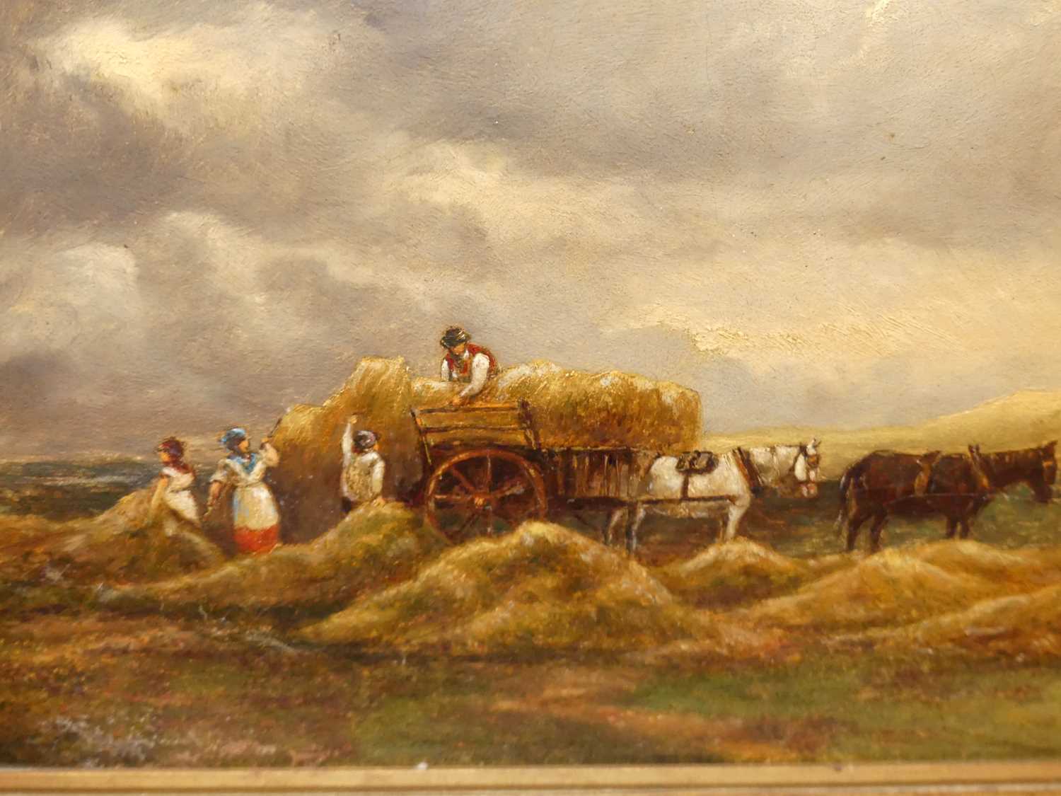 19th century English school - Loading the haycart under heavy skies, oil on canvas, 35 x 51cm - Image 3 of 14
