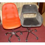 Two contemporary upholstered swivel desk chairs, on roller castors