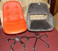 Two contemporary upholstered swivel desk chairs, on roller castors
