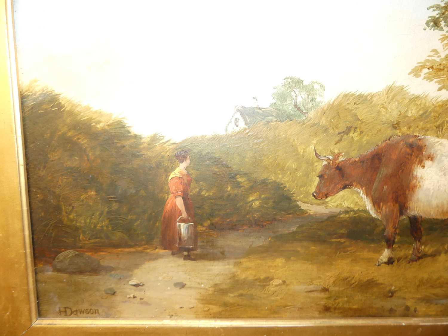 H Dawson - Milking time, oil on canvas, signed lower left, 32 x 59cm - Image 3 of 5