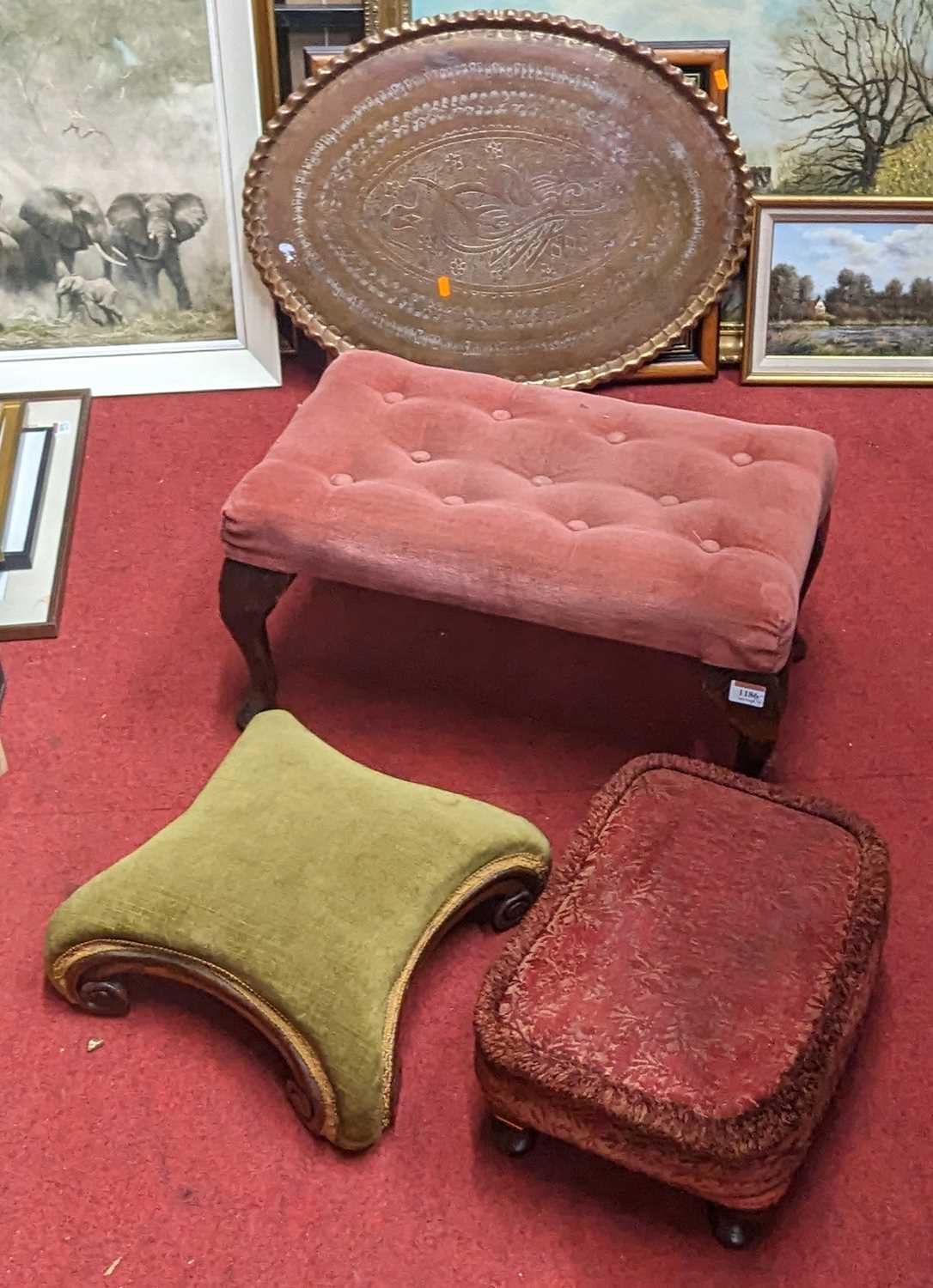 A Victorian mahogany framed low foot stool, together with two further foot stools, and an engraved