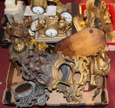 Three boxes of assorted gilt metal and some alabaster mantel clock cases and parts only