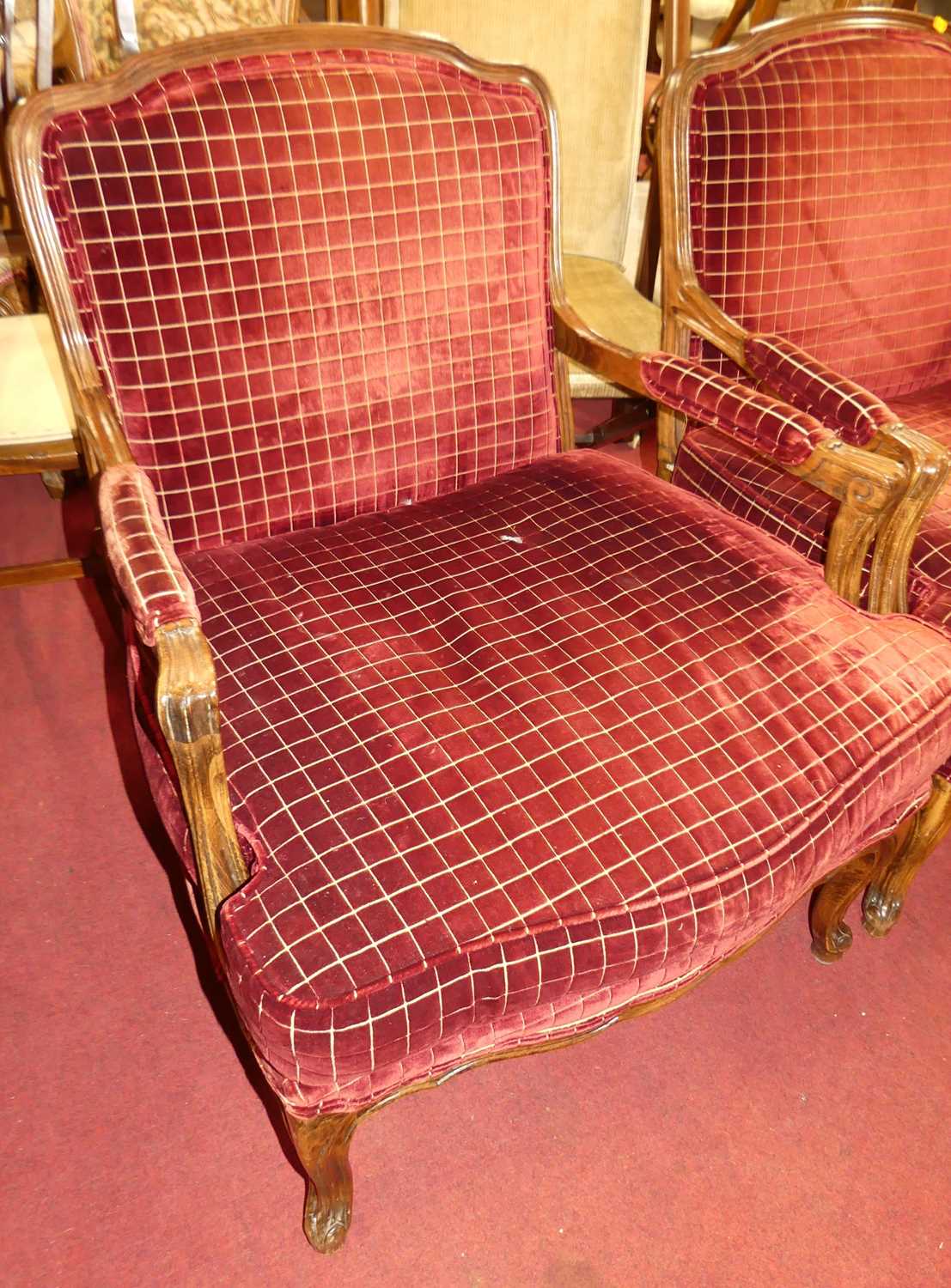 A pair of French beech framed and chequer rouge fabric plush upholstered open armchairs, each having - Image 2 of 3