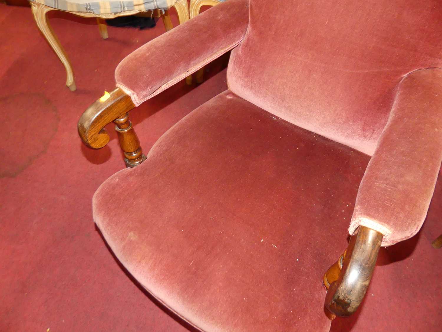 A Victorian rosewood framed and pink dralon upholstered open armchair; together with a Victorian tub - Image 4 of 4