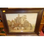 Circa 1900 Engish school - Timbered house with Abbey ruins, watercolour, signed with monogram