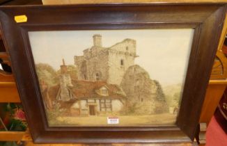 Circa 1900 Engish school - Timbered house with Abbey ruins, watercolour, signed with monogram