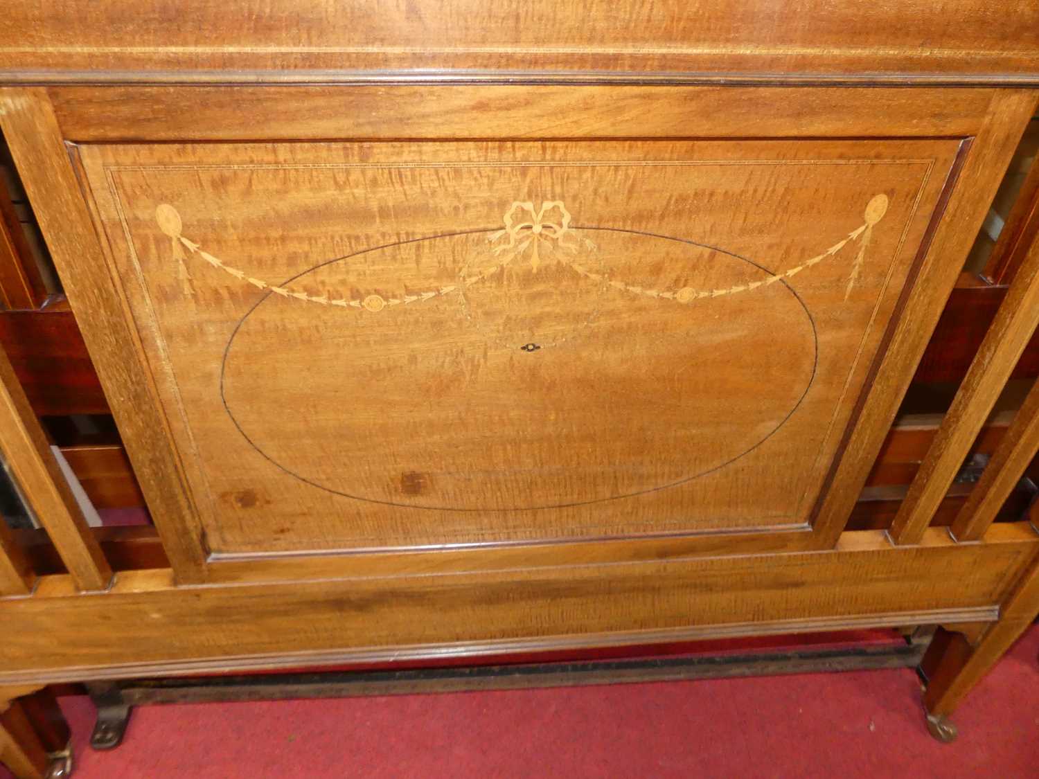 An Edwardian mahogany and floral satinwood inlaid and further chequer strung double bedstead, the - Image 2 of 2