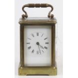 A circa 1900 French lacquered brass carriage clock, having visible platform escapement, h.13cm