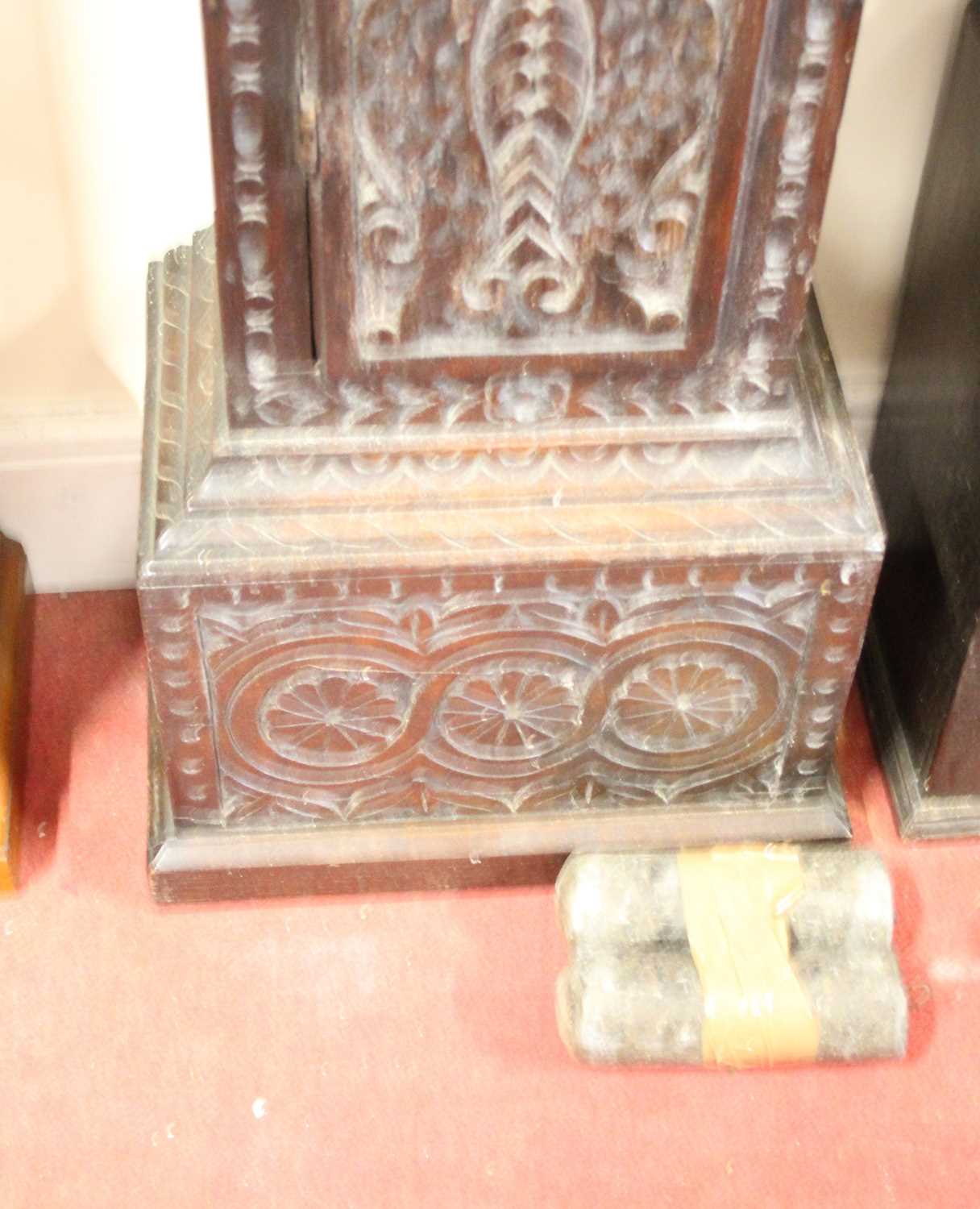 An antique oak long case clock having a 10½" square brass dial, silver chapter ring, single hand, - Image 3 of 5