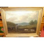 19th century English school - Huntsmen with hounds in a landscape, oil on canvas, 28 x 36cm