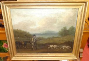 19th century English school - Huntsmen with hounds in a landscape, oil on canvas, 28 x 36cm