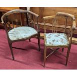 An Edwardian inlaid mahogany open armcahir, standing on tapered legs and spade feet, together with