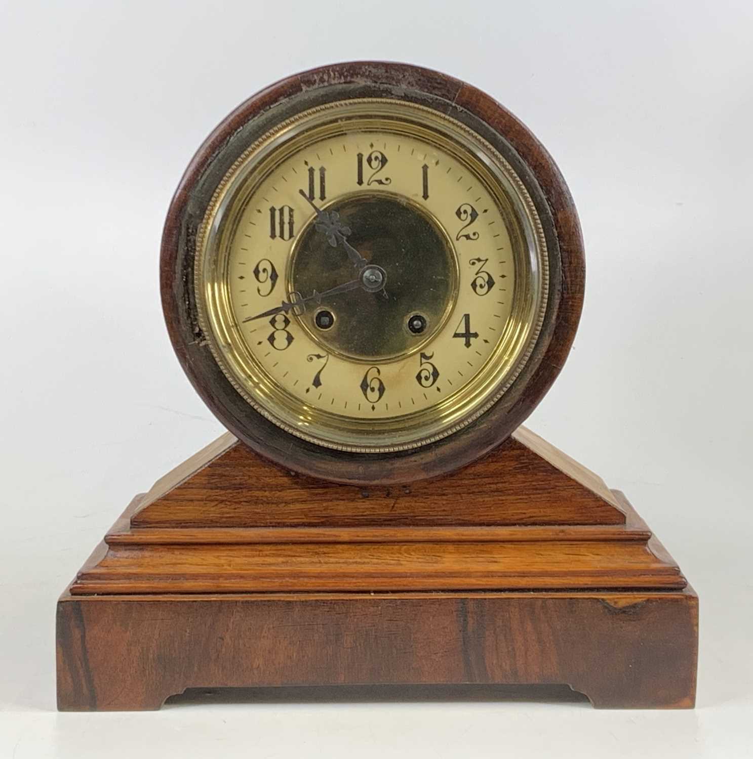 A circa 1900 Wurttenberg drum topped mantel clock, having Arabic dial and brass 14-day cylinder