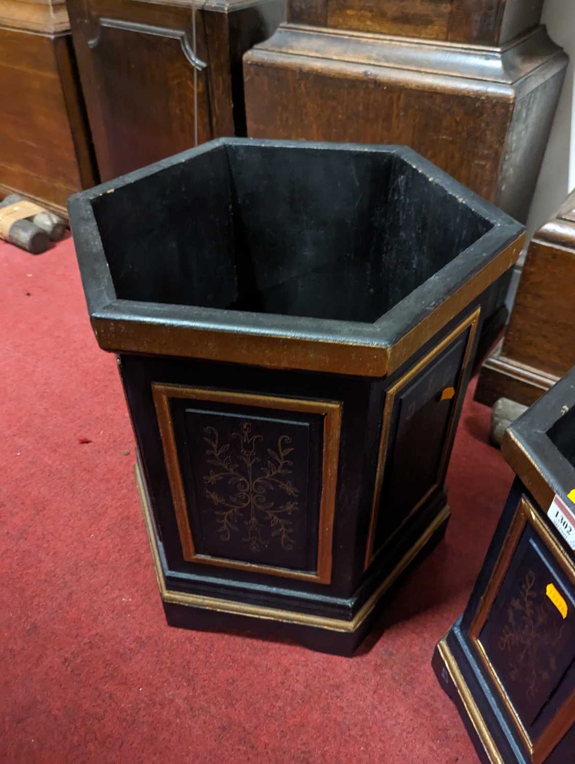 A pair of contemporary black and gilt painted hexagonal wastepaper bins; together with a larger - Image 2 of 3
