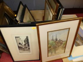 A box of assorted pictures and prints, to include F Robson topographical etchings, W L Fison