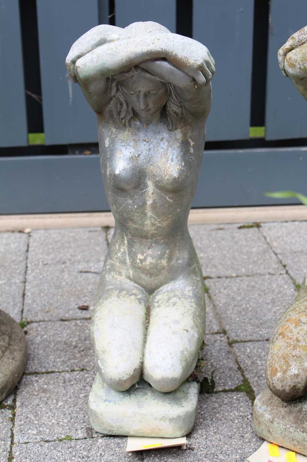 A pair of reconstituted stone garden figures of kneeling nude maidens, height 51cm - Image 2 of 3