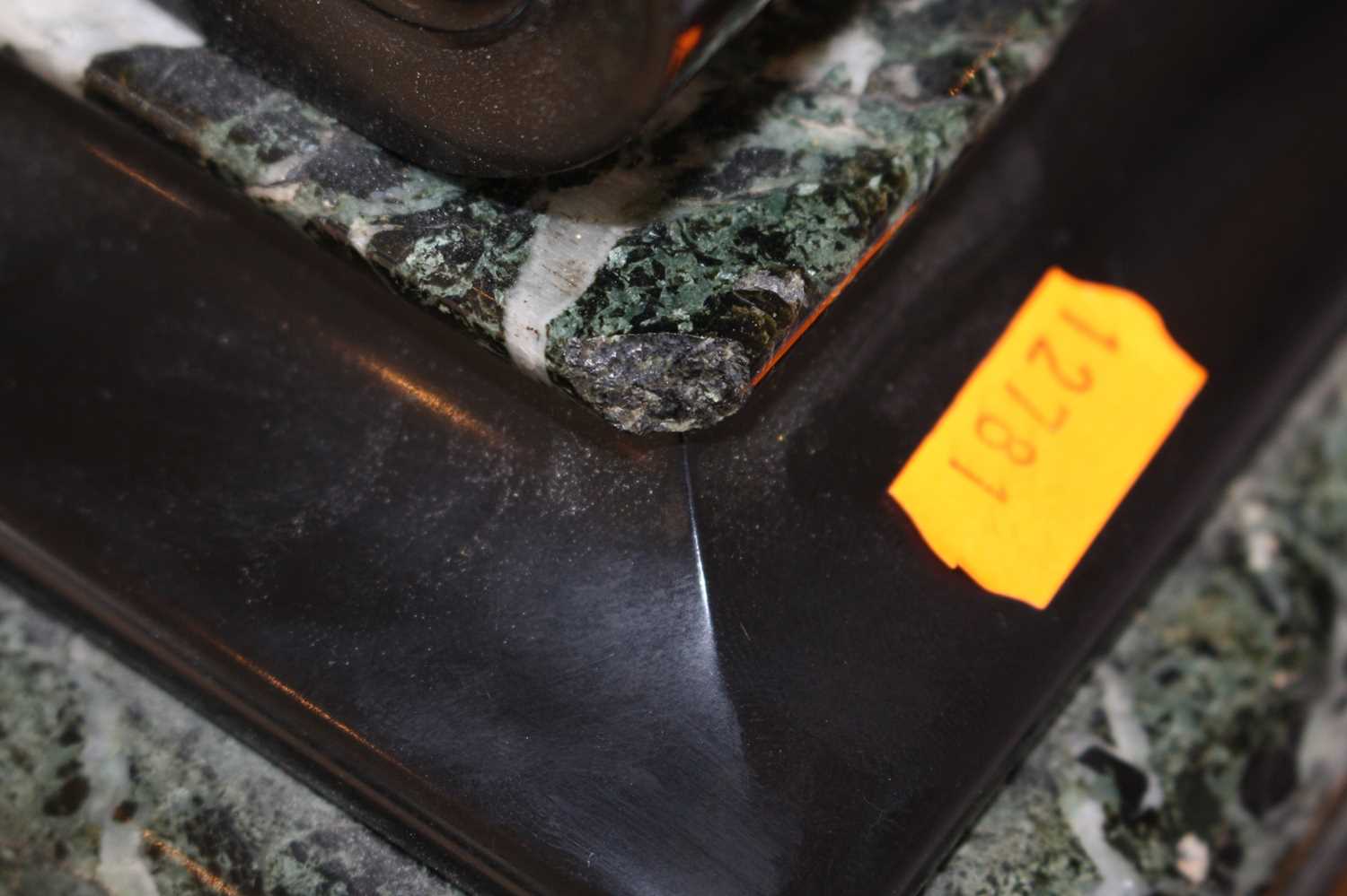 A late Victorian polished slate and veined green marble drumhead mantel clock having visible - Image 5 of 9