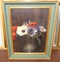 20th century school - Still life with flowers in a pewter jug, oil on panel, indistinctly signed