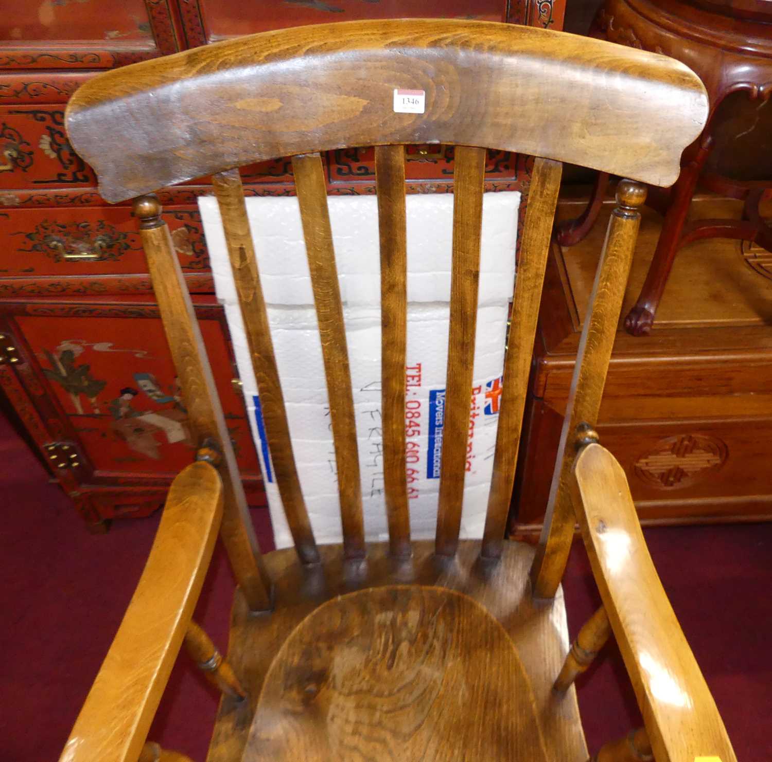 An early 20th century elm and beech slatback farmhouse open armchair, w.60cm - Image 2 of 3