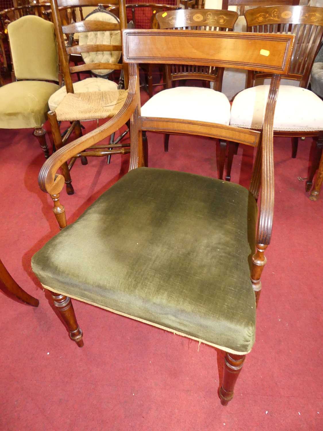 A set of six 19th century mahogany barback dining chairs, having reeded detail and green fabric - Image 3 of 3