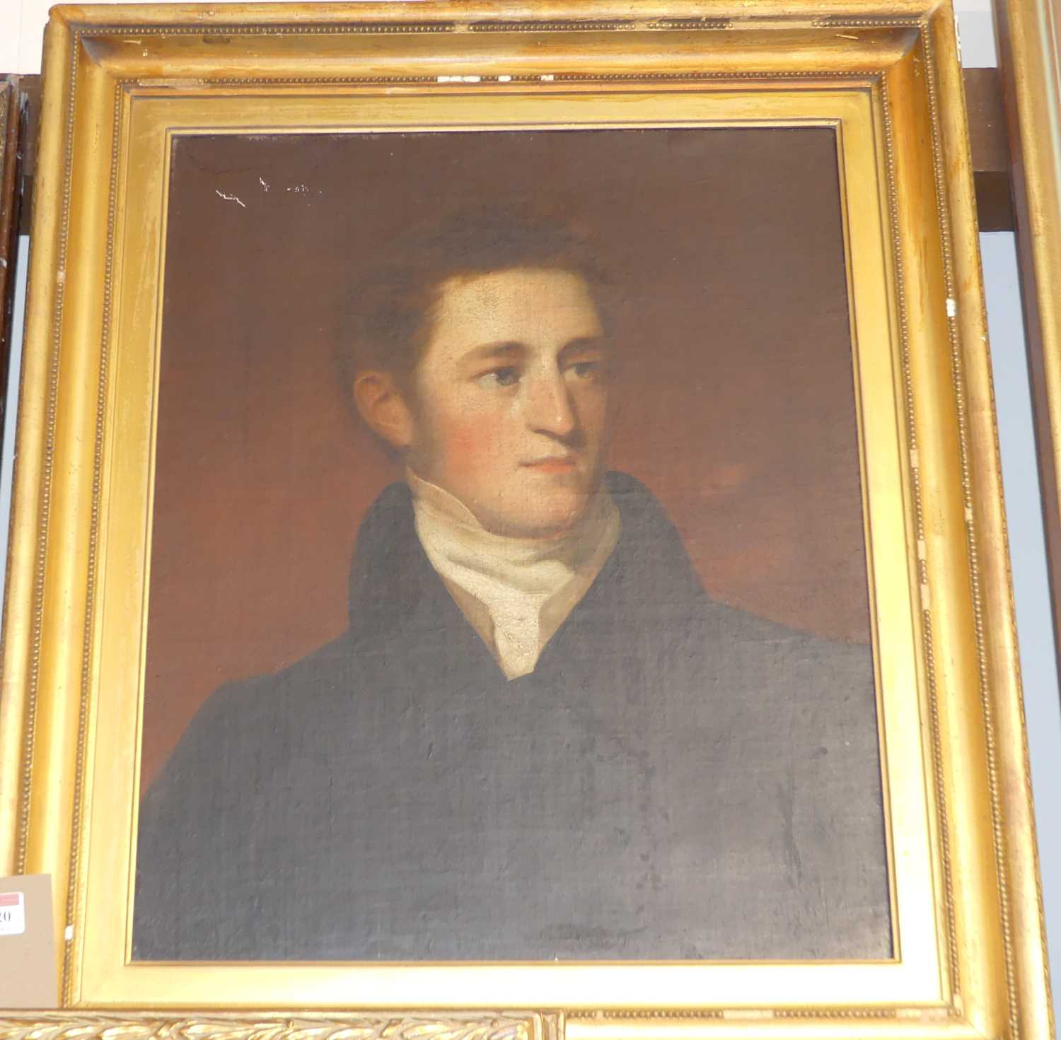 Mid-19th century English school - Half-length portrait of a young gentleman, oil on canvas, 56 x