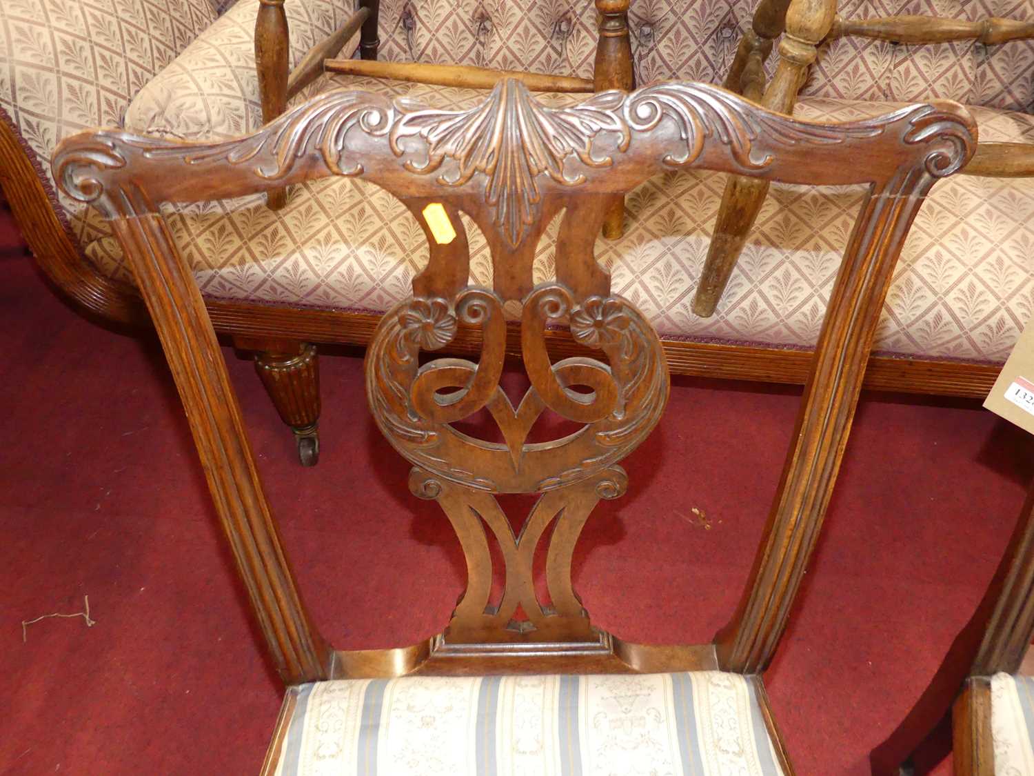 A set of three Chippendale style mahogany splatback dining chairs, each having striped upholstered - Image 3 of 4