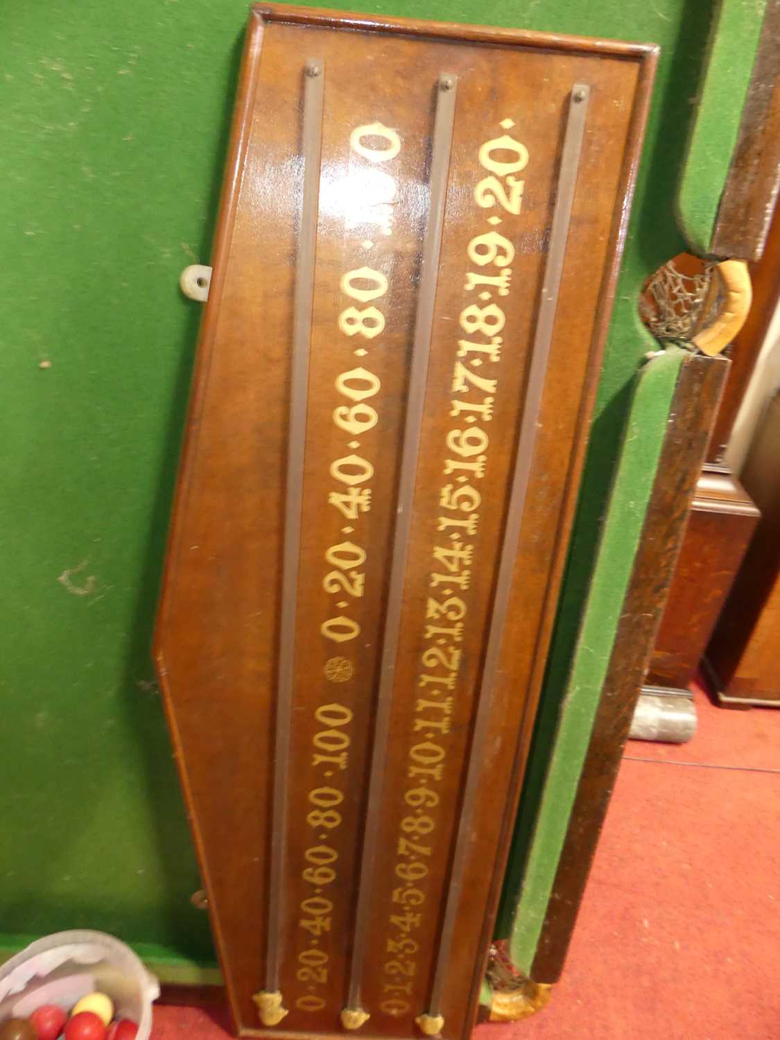 A Sykes of London quarter size snooker table, with oak wall mounted scoreboard, sundry cues, and - Image 2 of 2