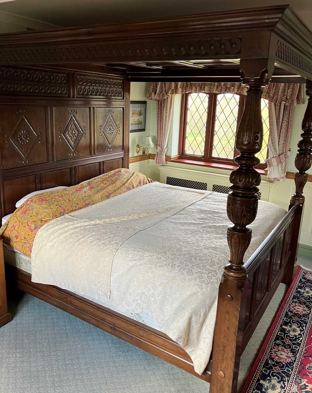 A contemporary joined cherry wood floral relief carved and panelled full tester bed, in the 17th - Image 2 of 6