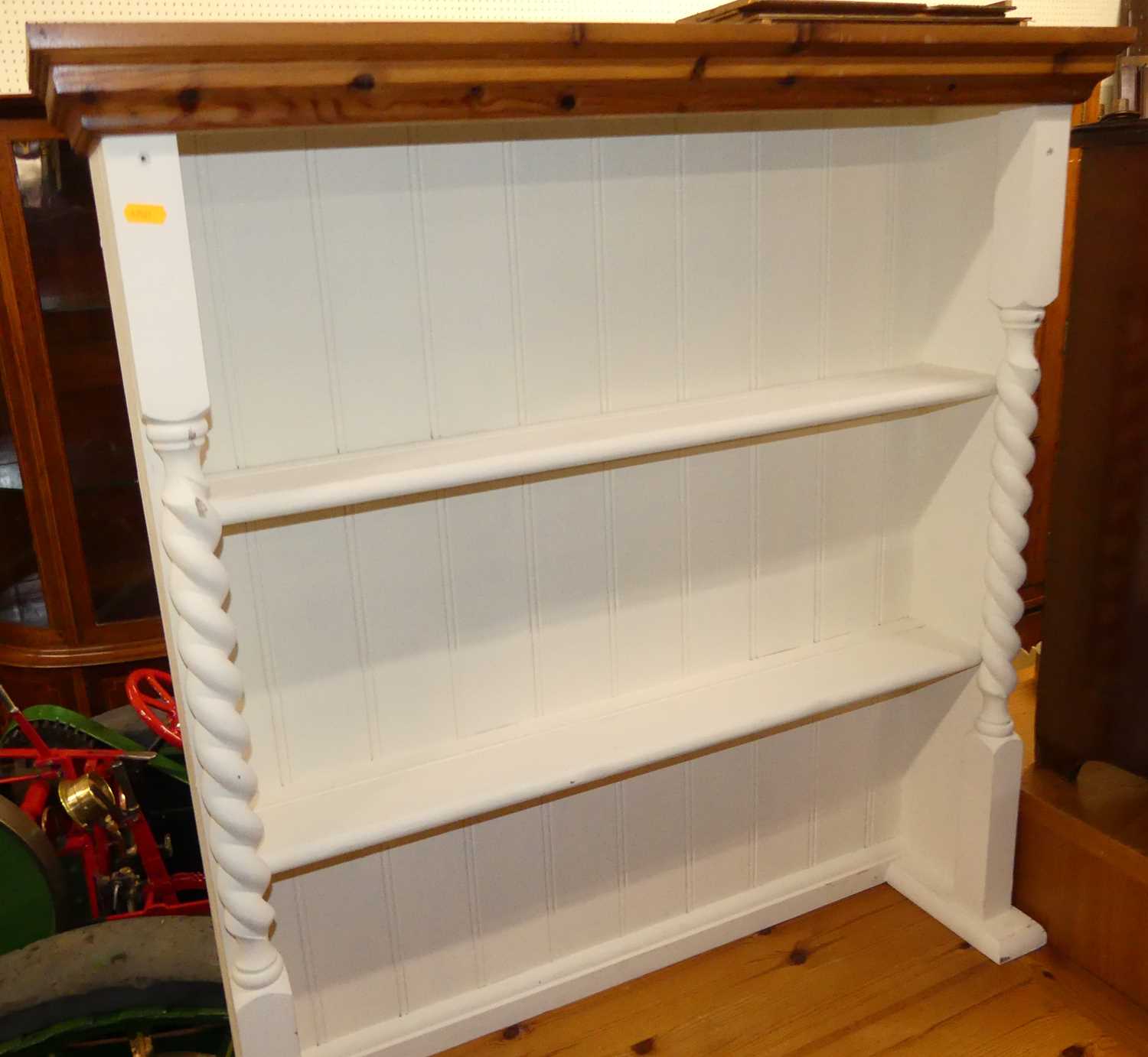 A modern pine and part white painted dresser, having two-tier open plate rack over base with twin - Image 2 of 4