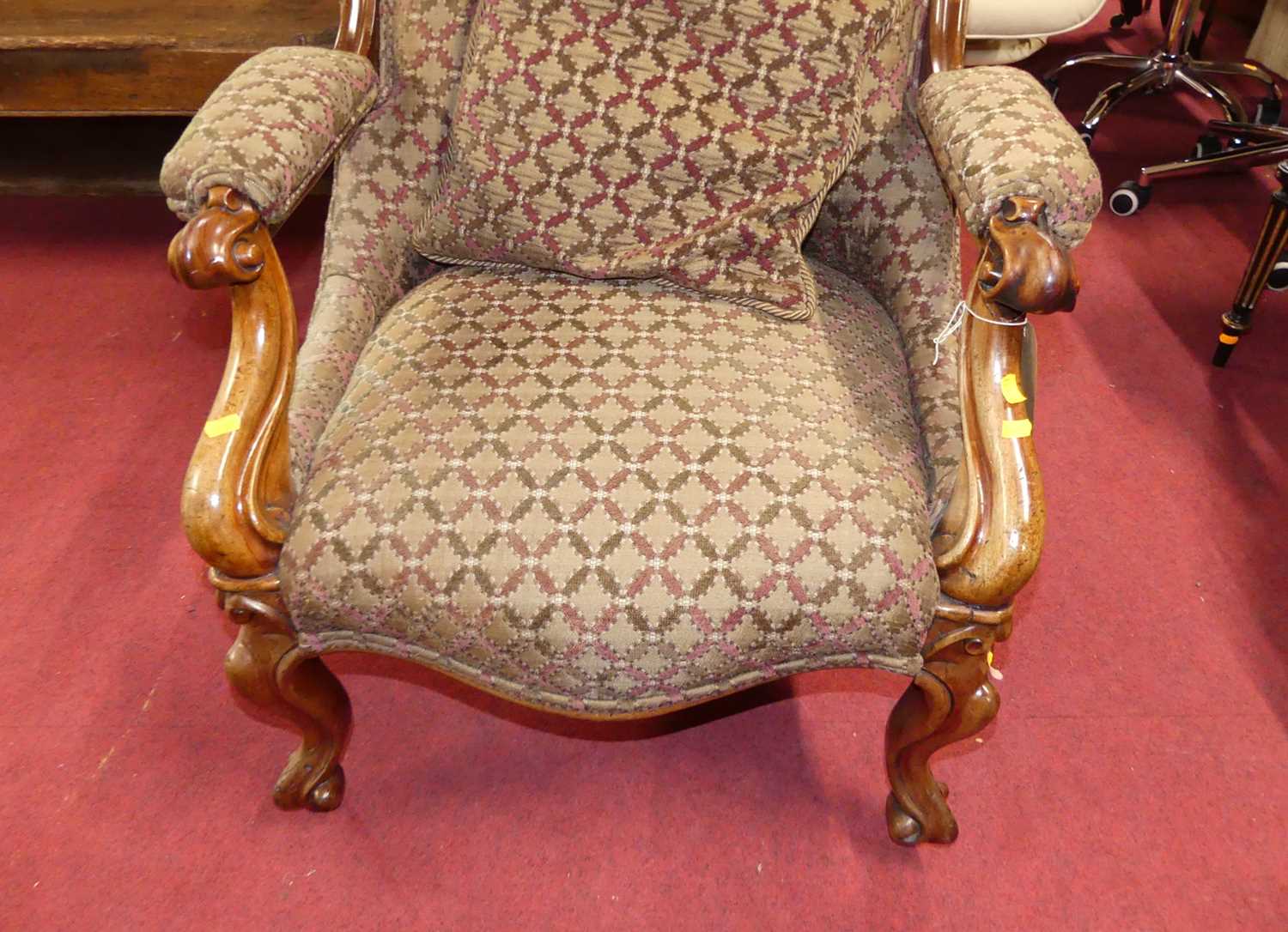 A mid-Victorian mahogany framed and buttoned floral fabric upholstered scroll open armchair, w.69cm - Image 2 of 5