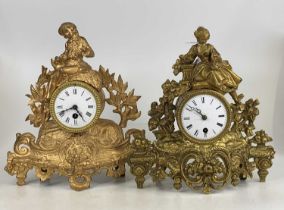 A late 19th century French gilt metal mantel clock having unsigned white enamel dial, and a