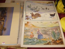 Early 20th century artists folio and contents, Enid Blyton nature plates, landscape watercolours,