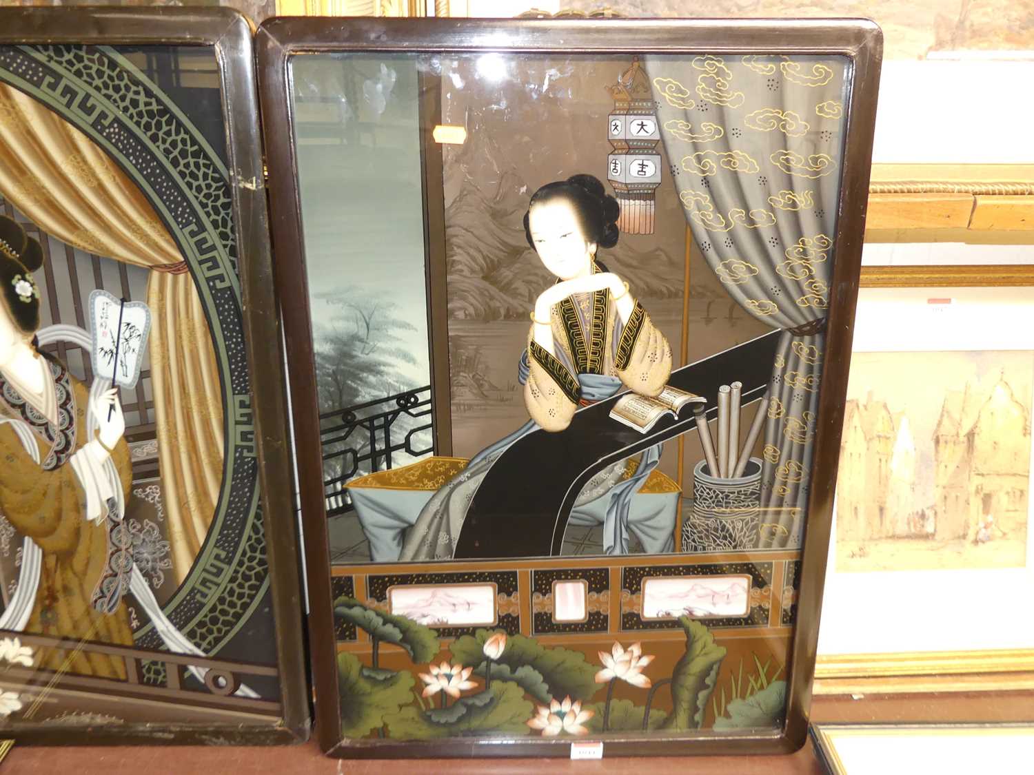 A pair of Japanese reverse paintings on glass, in gouache, 20th century, 65 x 44cm - Image 3 of 3