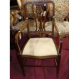 An Edwardian mahogany single elbow chair, with later affixed panel seat, w.53cm