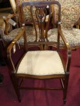 An Edwardian mahogany single elbow chair, with later affixed panel seat, w.53cm