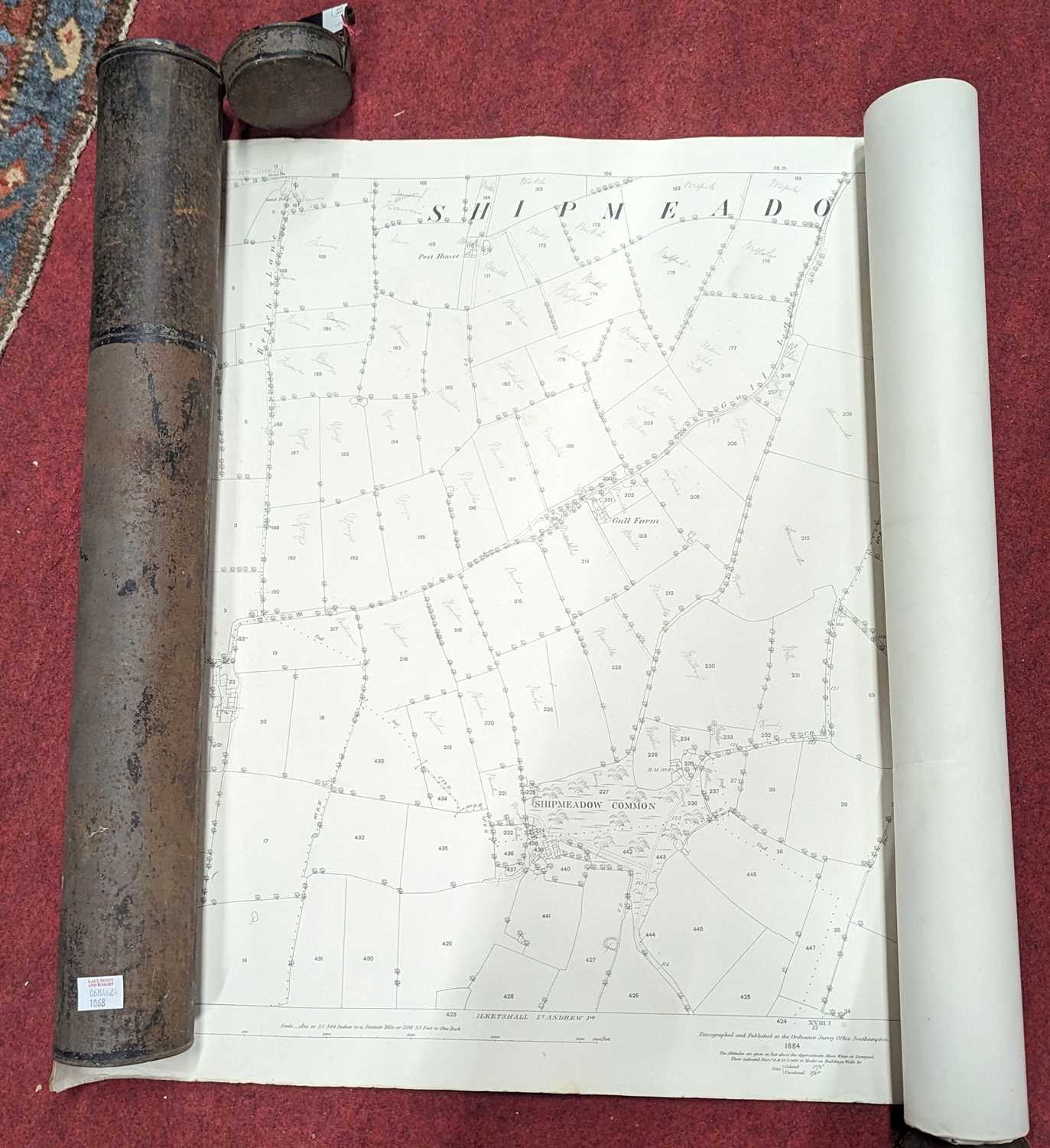 Two rolled Ordnance Survey maps from the parish of Shipmeadow, Suffolk, dated 1884, in metal